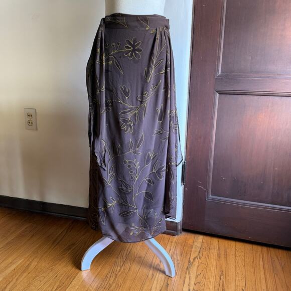 MAXMARA | 90s Vintage Brown Silk Hand Painted Floral Midi Wrap Skirt | Size 6 - Picture 1 of 6